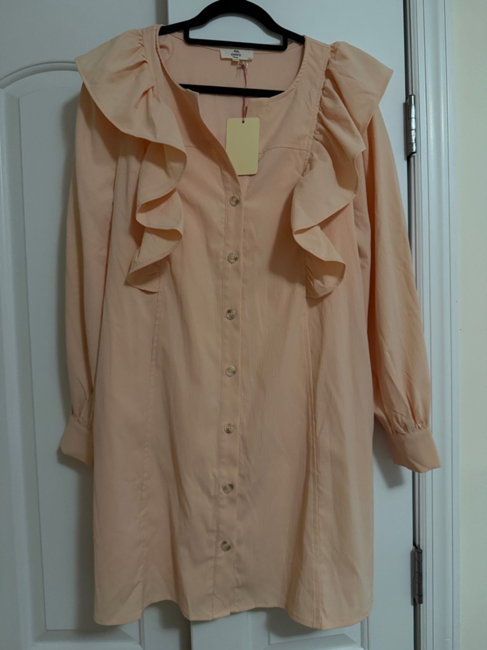 NWT Entro Peach Ruffle Button-Front Long Sleeve Dress